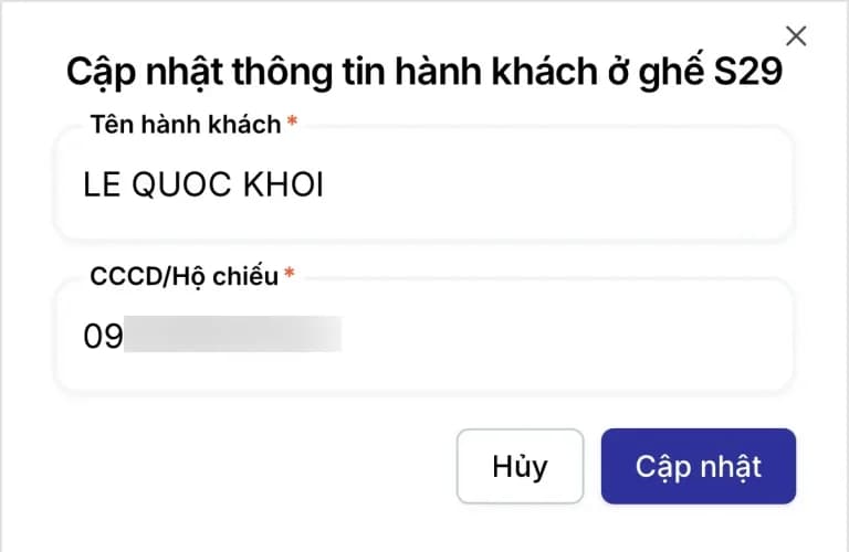 Cập nhật thông tin hành khách Phú Quốc Express