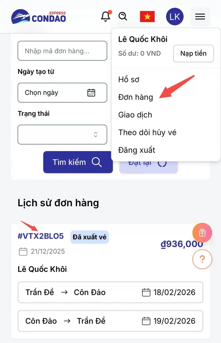 Truy cập đơn hàng Phú Quốc Express