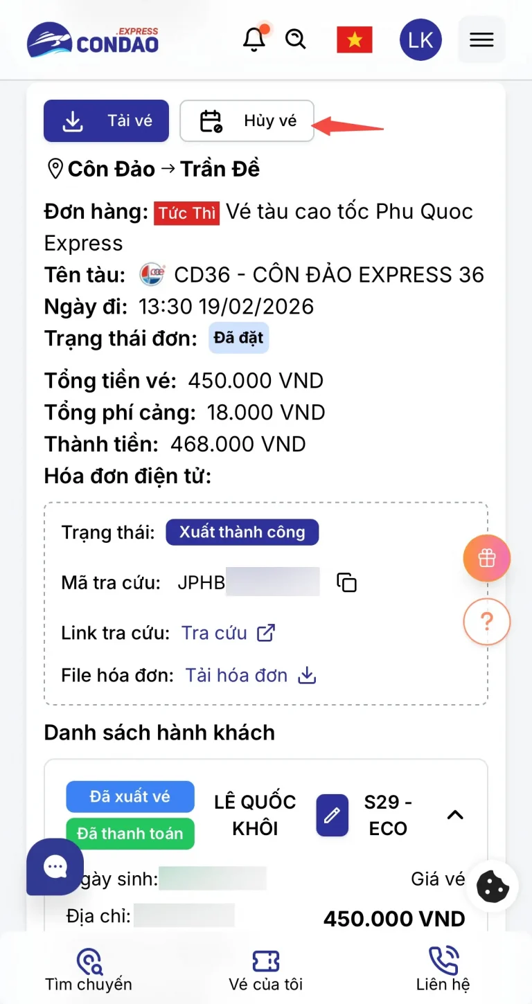 Chọn hành trình cần hủy vé